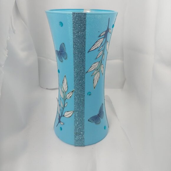 HOMEMADE BLUE VASE WITH BUTTERFLIES - Picture 1 of 1